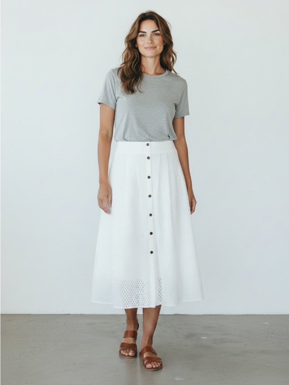 NEW MOLLY BRACKEN Premium Midi Eyelet White Snap Front Skirt Size L